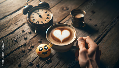 a hot coffee cup on an aged wooden surface. The beverage displays a foam heart. Adjacent to the mug, an infatuated emoji that looks like someone smitten holds the cup photo