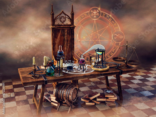 Old table with alchemical potions and books. 3d render. photo