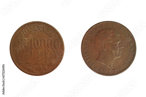 10 000 Lei 1947 Mihai I. Coin of  Romania. Obverse Head right. Reverse Crowned shield to left of value and sprigs photo