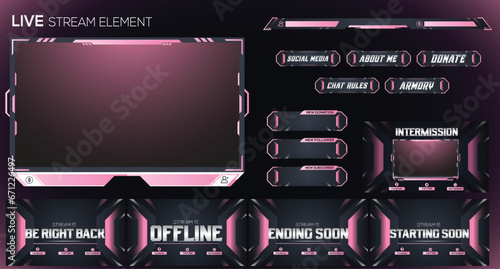 Live Gaming twitch stream light pink abstract neon set of overlay, facecam, panel and background element design photo