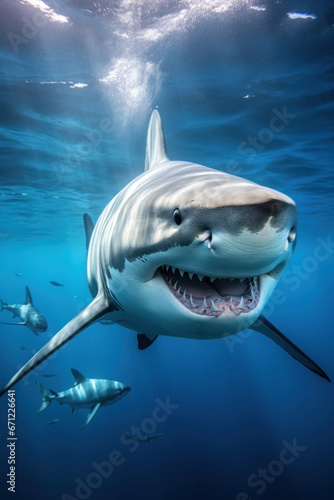 A shark swimming  focus on the fins and teeth  vertical photo