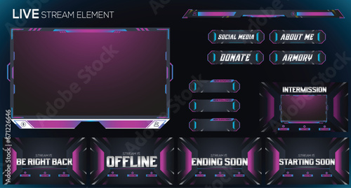 Live Gaming twitch stream Purple and blue neon set of overlay, facecam, panel and background element design