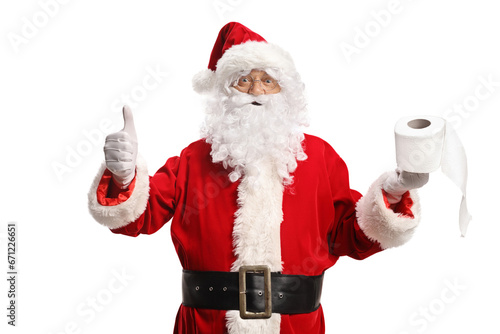 Santa claus holding a toilet paper roll and gesturing thumbs up