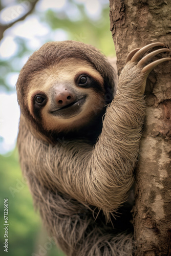 A sloth hanging from a tree  focus on the claws and expression. Vertical photo