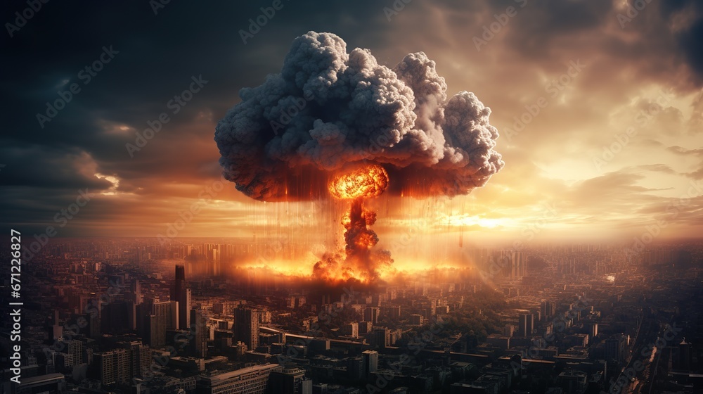 explosion nuclear bomb in sity - obrazy, fototapety, plakaty 