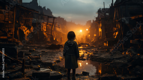 A sad child stands in front of buildings that have collapsed due to war