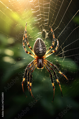 A spider weaving its web, focus on the intricate design. Vertical photo