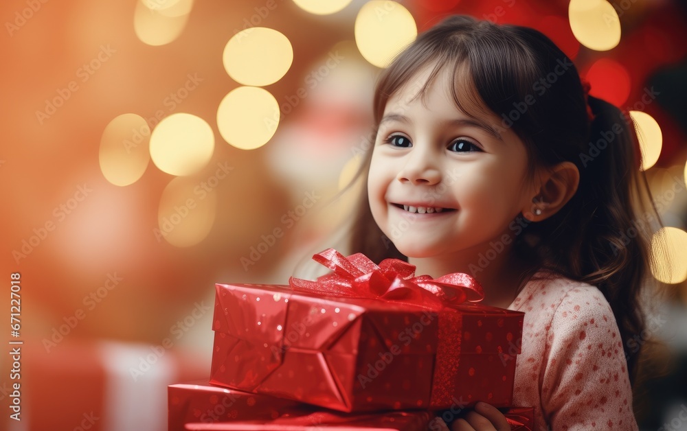 A smiling little child girl holding a stack of boxes with gifts A smiling little child girl holding a stack of boxes with gifts
