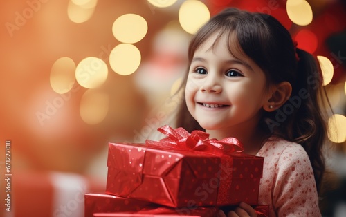 A smiling little child girl holding a stack of boxes with gifts © piai