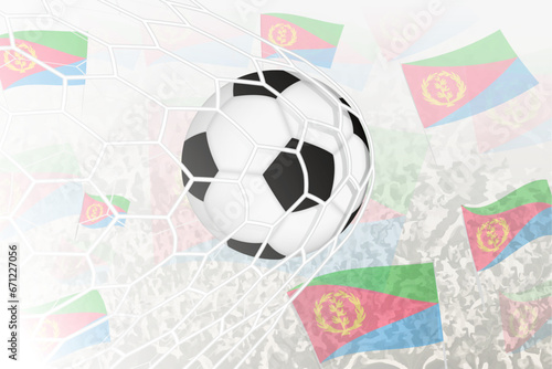 National Football team of Eritrea scored goal. Ball in goal net, while football supporters are waving the Eritrea flag in the background.