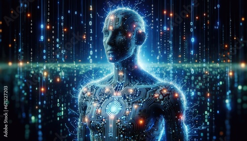 Picture of a digital being, an embodiment of AI, having a humanoid shape crafted from intricate circuits, glowing data points 0s and 1s high tech technology concept  photo