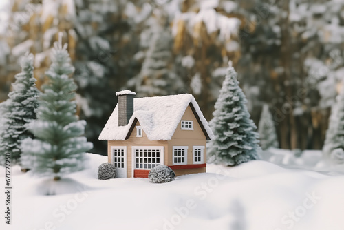 A Christmas toy house covered with snow, against the background of a forest with a place for text.