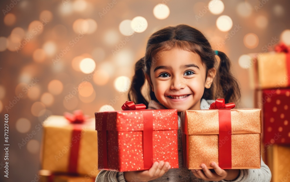 A smiling little child girl holding a stack of boxes with gifts A smiling little child girl holding a stack of boxes with gifts