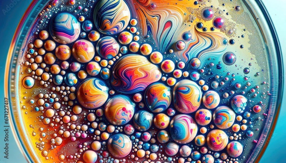 Close-up macro image of colorful chemicals in petri dish Close-up macro image of colorful chemicals in petri dish