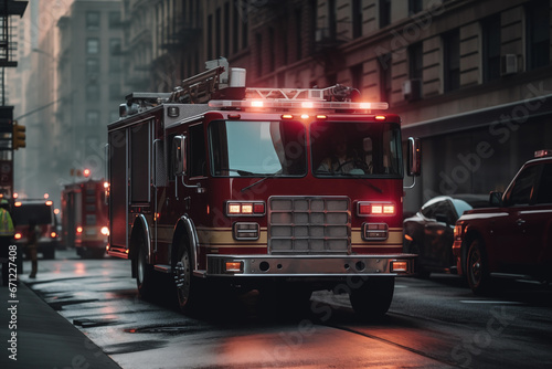 Fire Truck in New york. Firefighters Rescue after Fire Alarm went off at building. Firemen at apartment fire. Accodent on Street in NYC  firefighters and extinguish fire  Ai Generative illustration.