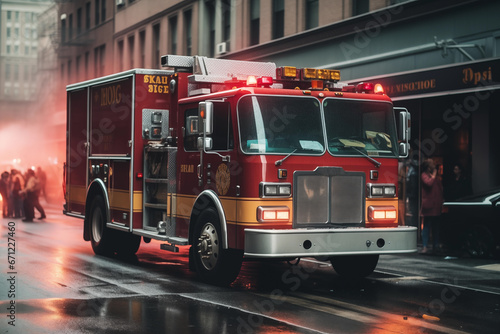 Fire Truck in New york. Firefighters Rescue after Fire Alarm went off at building. Firemen at apartment fire. Accodent on Street in NYC, firefighters and extinguish fire, Ai Generative illustration.