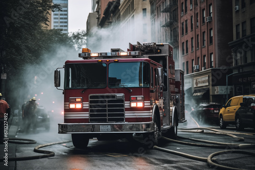 Fire Truck in New york. Firefighters Rescue after Fire Alarm went off at building. Firemen at apartment fire. Accodent on Street in NYC, firefighters and extinguish fire, Ai Generative illustration.