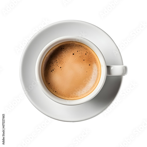 white cup and saucer with freshly brewed strong black espresso coffee with crema, isolated beverage design element, top view / flat lay