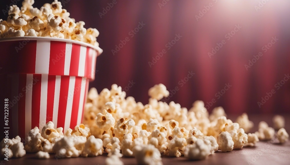 Spilled popcorn and paper bucket in red strip box, isolated background
Spilled popcorn and paper bucket in red strip box, isolated background