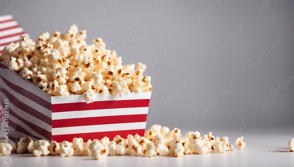 Spilled popcorn and paper bucket in red strip box, isolated background
Spilled popcorn and paper bucket in red strip box, isolated background