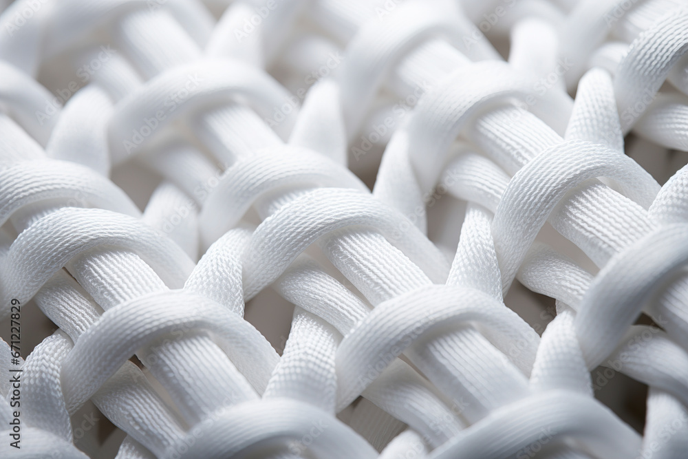 Close-up of white cotton fabric interlaced fiber macro, white synthetic cotton threads background, macro photography of white synthetic material, synthetic white fabric fibers background.