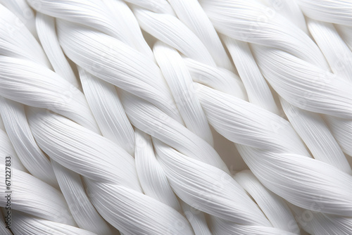 Close-up of white cotton fabric interlaced fiber macro, white synthetic cotton threads background, macro photography of white synthetic material, synthetic white fabric fibers background. photo