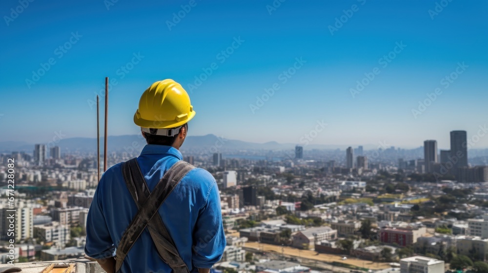 Resilient Construction Worker in Yellow Hardhat Overlooking Cityscape Resilient Construction Worker in Yellow Hardhat Overlooking Cityscape