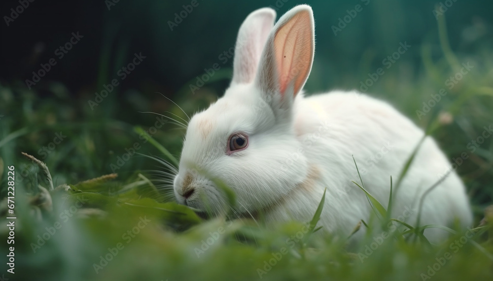 Fluffy baby rabbit sits on green grass, eating peacefully outdoors generated by AI Fluffy baby rabbit sits on green grass, eating peacefully outdoors generated by AI
