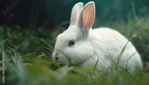 Fluffy baby rabbit sits on green grass, eating peacefully outdoors generated by AI