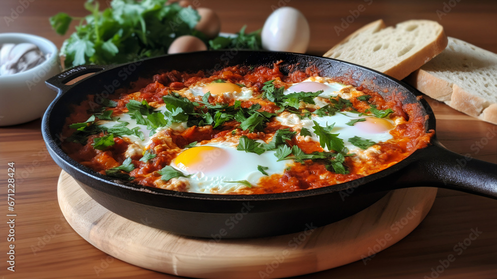 Delicious shakshuka in a frying pan with perfectly poached eggs nestled in a spicy tomato sauce, adorned with fresh parsley. Concept of a traditional breakfast delight, Middle Eastern culinary gem Delicious shakshuka in a frying pan with perfectly poached eggs nestled in a spicy tomato sauce, adorned with fresh parsley. Concept of a traditional breakfast delight, Middle Eastern culinary gem