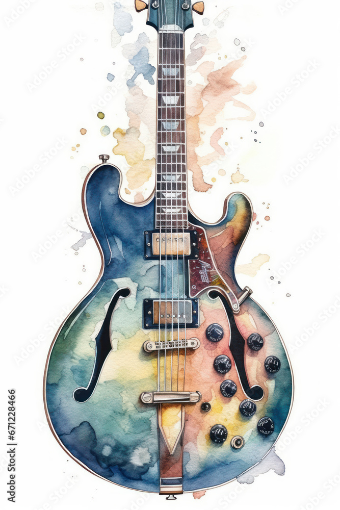 Obraz premium Watercolor drawing of an electric guitar. Generative AI.