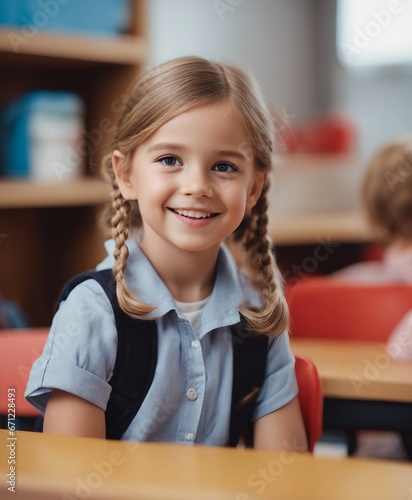 portrait of a white American girl with a friendly smile in kindergarten  