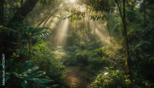 A tranquil scene in the tropical rainforest at dawn generated by AI