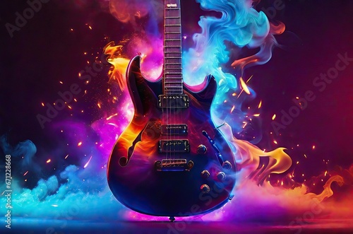 Vibrant electric guitar with smoky, rich colors and a captivating color burn effect. A dynamic music concept in visual form. photo