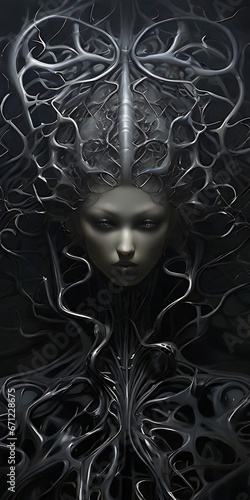 The woman amidst the cold, dark vines gazes impassively, dominated by deep shades.Generative Ai