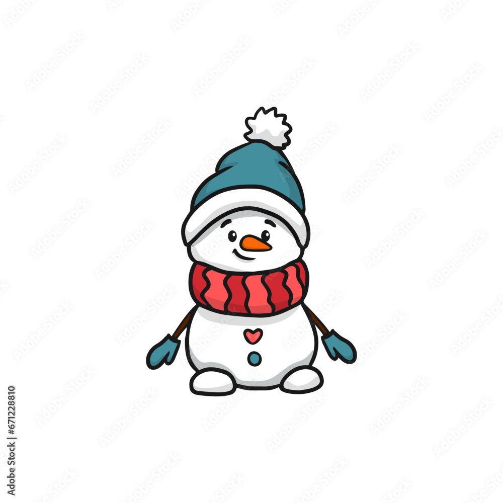 cute cartoon snowman with a scarf. Doodle style. Christmas card with snowman. Vector