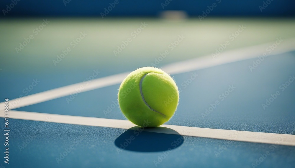 Tennis ball rests on blue tennis court 