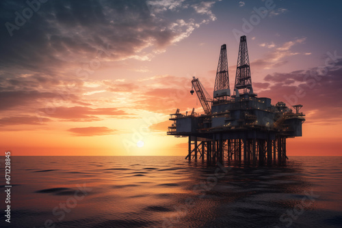 Offshore oil and gas. Oil rig in sea on sunset, Crude Oil production, aerial view. Offshore drilling of extracting petroleum and natural gas from seabed. Mobile platform in ocean. Ai Generative