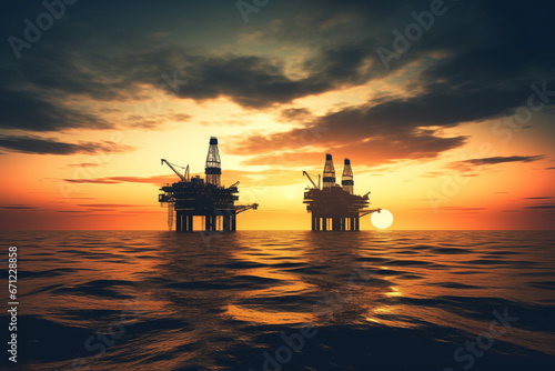 Offshore oil and gas. Oil rig in sea on sunset, Crude Oil production, aerial view. Offshore drilling of extracting petroleum and natural gas from seabed. Mobile platform in ocean. Ai Generative © MaxSafaniuk