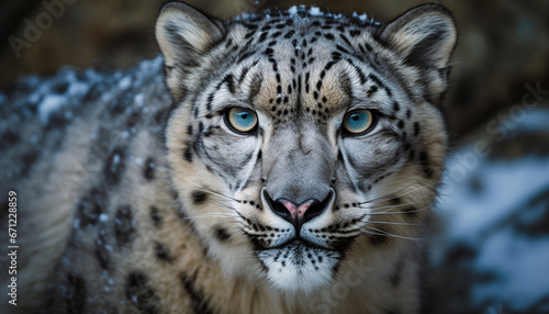Endangered snow leopard stares, majestic beauty in nature wilderness generated by AI