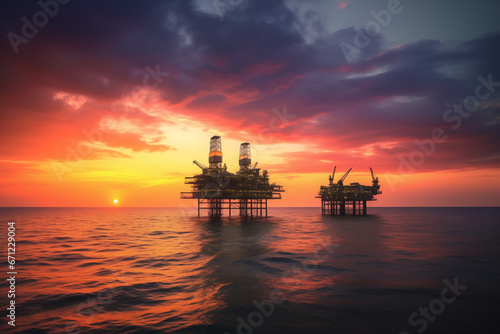 Offshore oil and gas. Oil rig in sea on sunset, Crude Oil production, aerial view. Offshore drilling of extracting petroleum and natural gas from seabed. Mobile platform in ocean. Ai Generative