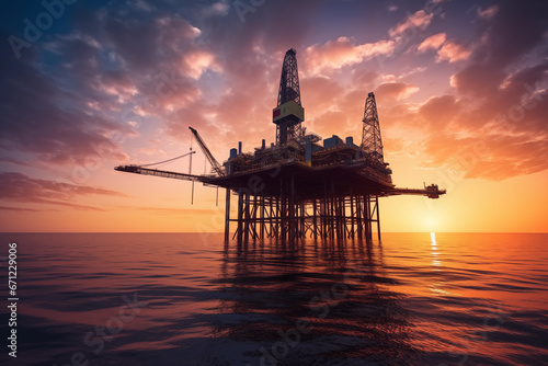 Offshore oil and gas. Oil rig in sea on sunset, Crude Oil production, aerial view. Offshore drilling of extracting petroleum and natural gas from seabed. Mobile platform in ocean. Ai Generative © MaxSafaniuk