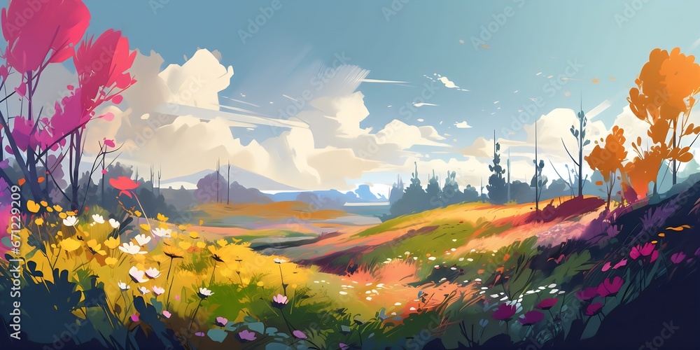 Beautiful meadow with flowers and mountains in the background. Generative AI.