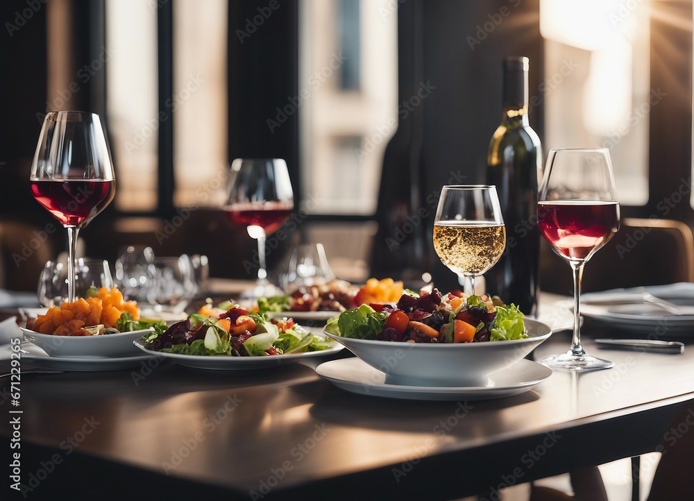 an elegant table with plates of food and wine glasses next to a bowl of salad and a glass of wine

