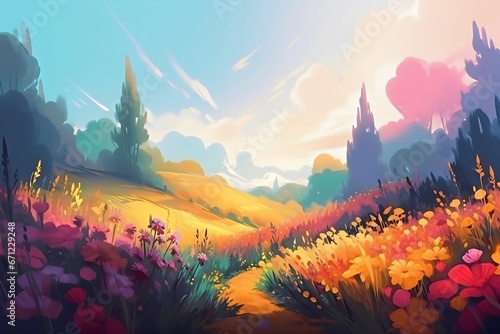 Beautiful spring meadow with colorful flowers. Digital painting illustration. Generative AI.