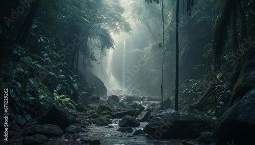 Tranquil scene of flowing water in autumn forest ravine mystery generated by AI