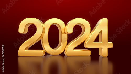 Happy New Year 2024. Golden 3D numbers 2024 on red background. Realistic festive metallic luxury gold numbers. Merry Christmas and Happy New Year greeting card. Vector illustration.