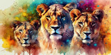Watercolor drawing of a family of African Lions. Generative AI.