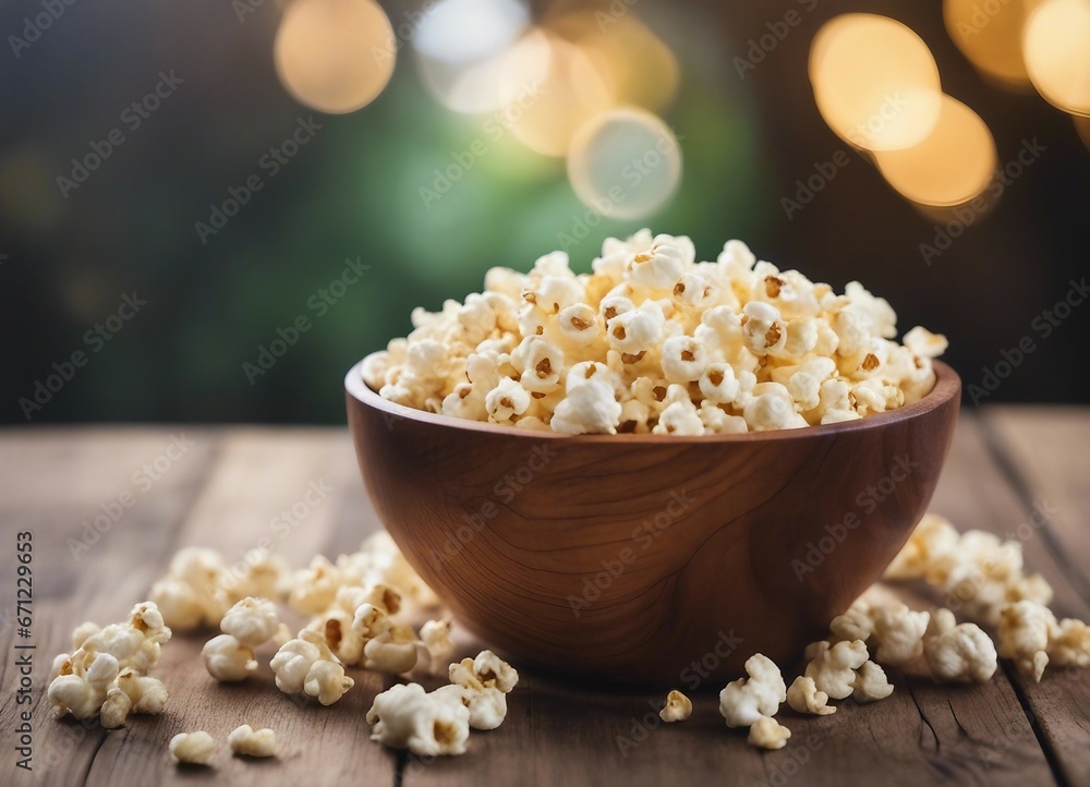 A wooden bowl of salted popcorn at the old wooden table A wooden bowl of salted popcorn at the old wooden table
