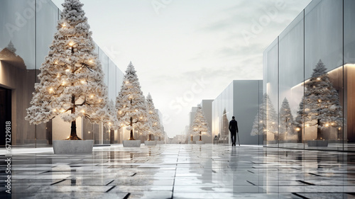 Modern city with Christmas Tree and decorations. Minimalism inspiration, empty by space